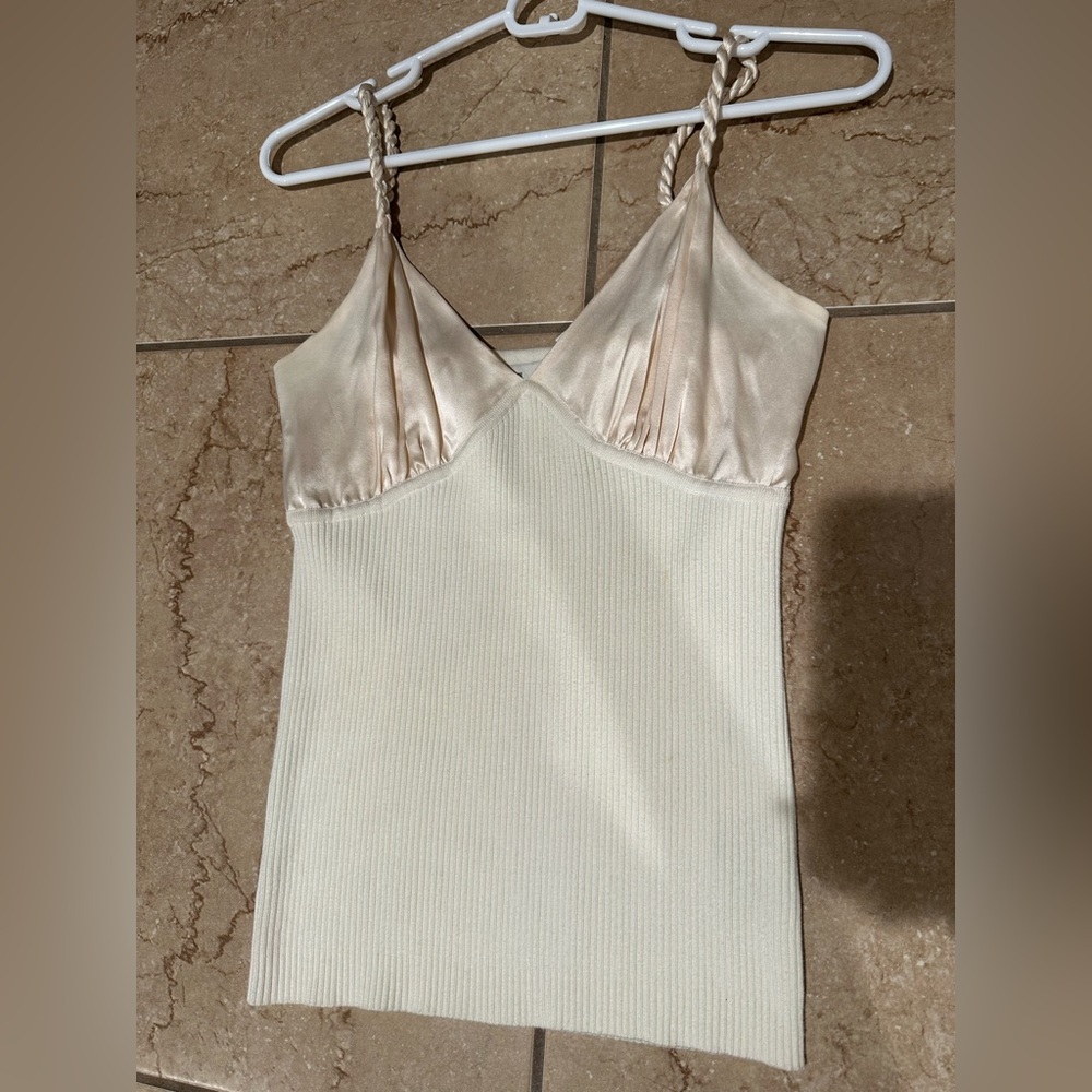 New Perry Ellis Women’s Beige/Cream Twisted Spaghetti Silk Tank Top Size L/G